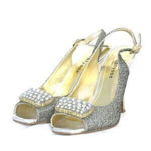 Twenty-One Womens 6 High Heels Slingback Gold Silver Rhinestones Peep Toe Shoes